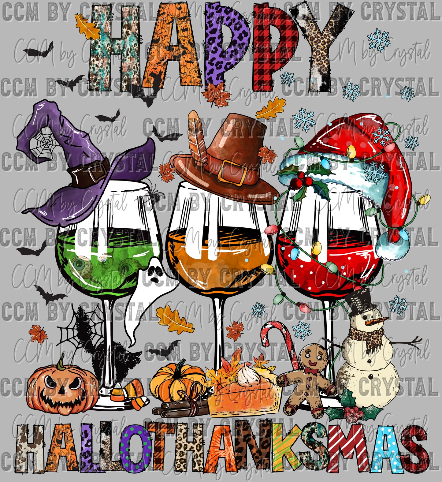 Happy Hallowthanksmas Thanksgiving Christmas Halloween Ready to Press Transfer DTF Transfer Sublimation Transfer