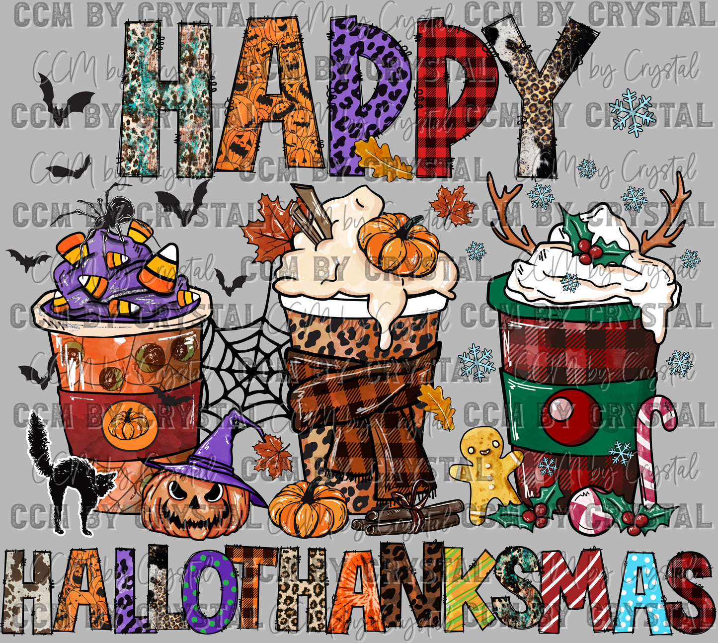 Happy Hallowthanksmas Thanksgiving Christmas Halloween Ready to Press Transfer DTF Transfer Sublimation Transfer