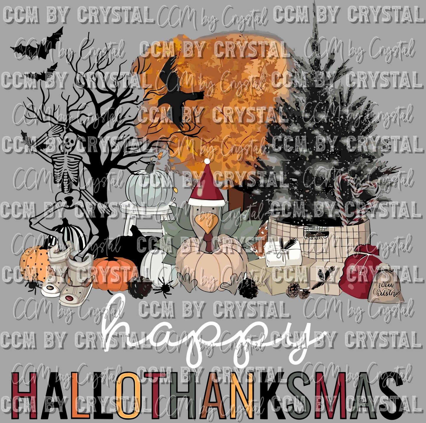 Happy Hallowthanksmas Halloween Thanksgiving Christmas Fall Ready to Press Transfer DTF Transfer Sublimation Transfer