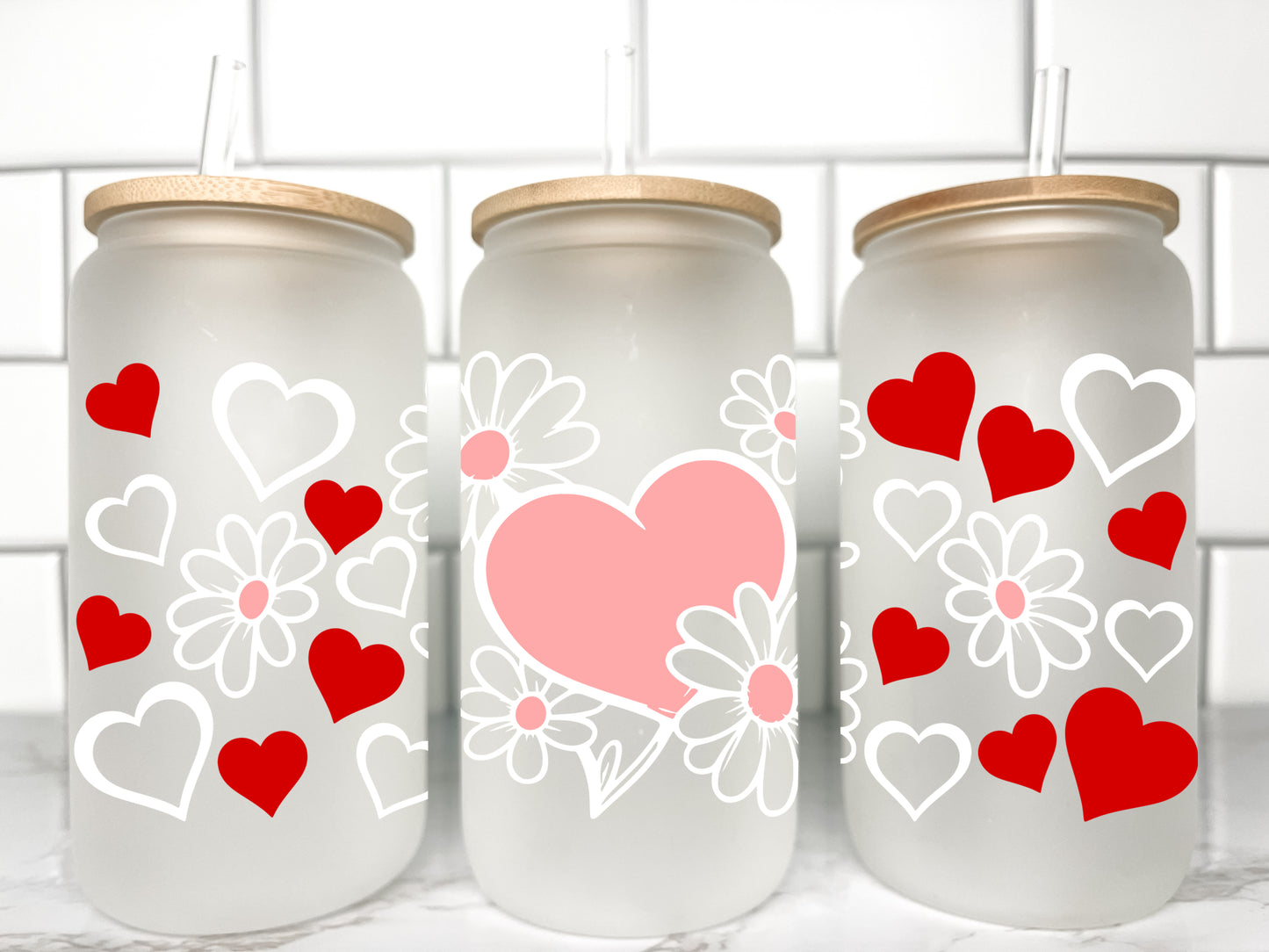 Hearts Valentines Day UV DTF Transfer 16oz Libby Glass Can Wrap Ready to Apply