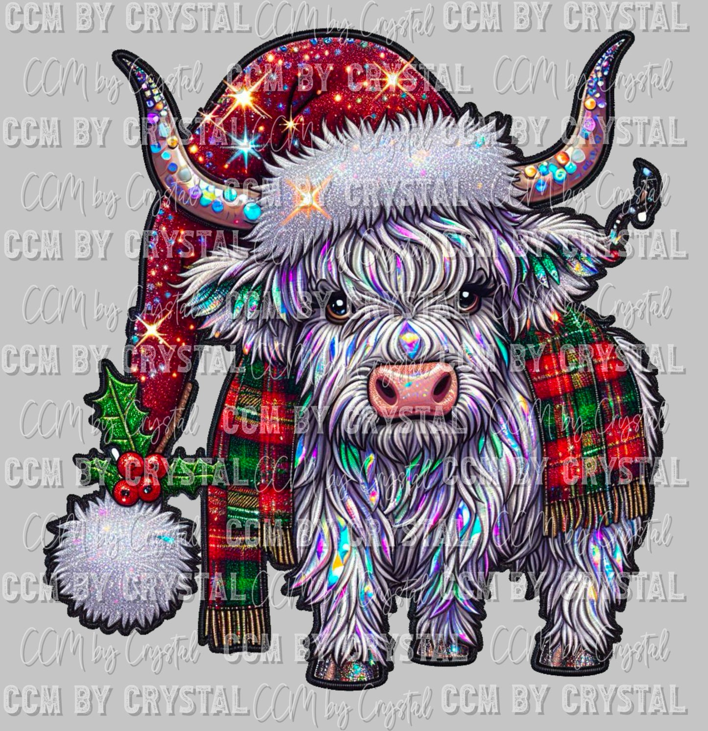 Highland Cow Christmas Faux Rhinestone Effect Ready to Press Transfer