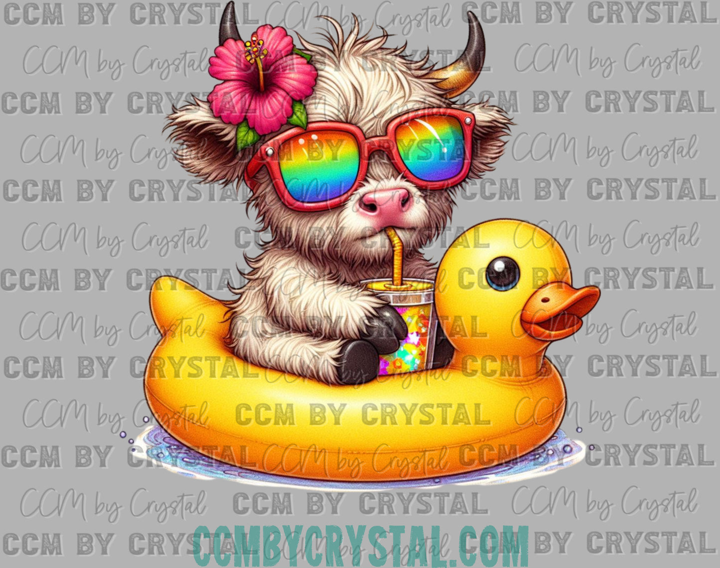 Highland Cow in a Duck Floatie Summer Summertime Ready to Press Transfer DTF Transfer Sublimation Transfer
