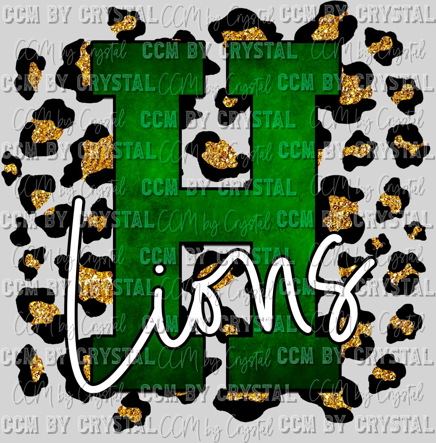 Green H Lions Mascot with Gold Leopard Background Ready to Press Transfer