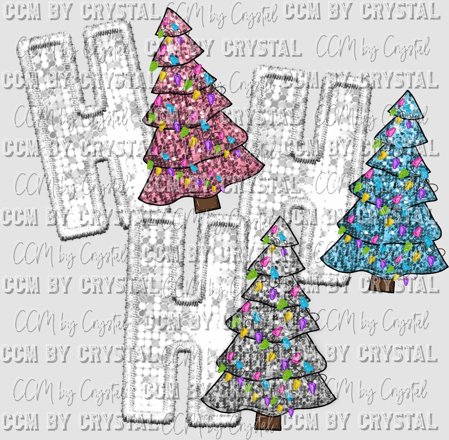 Ho Ho Ho Christmas Trees Winter Faux Sequins Faux Embroidery Ready to Press Transfer
