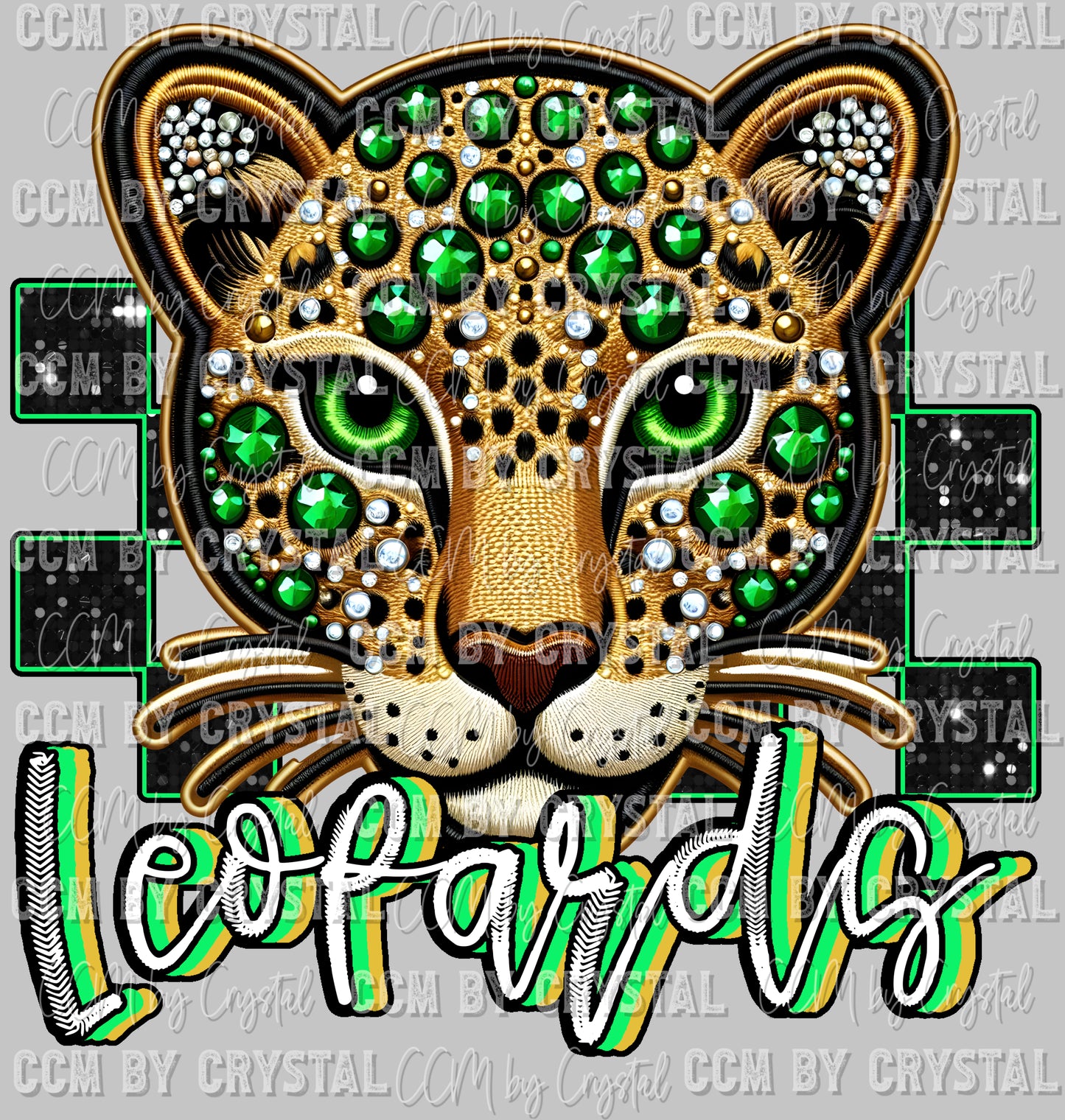 Leopards Mascot Green Faux Rhinestone Effect Ready to Press Transfer