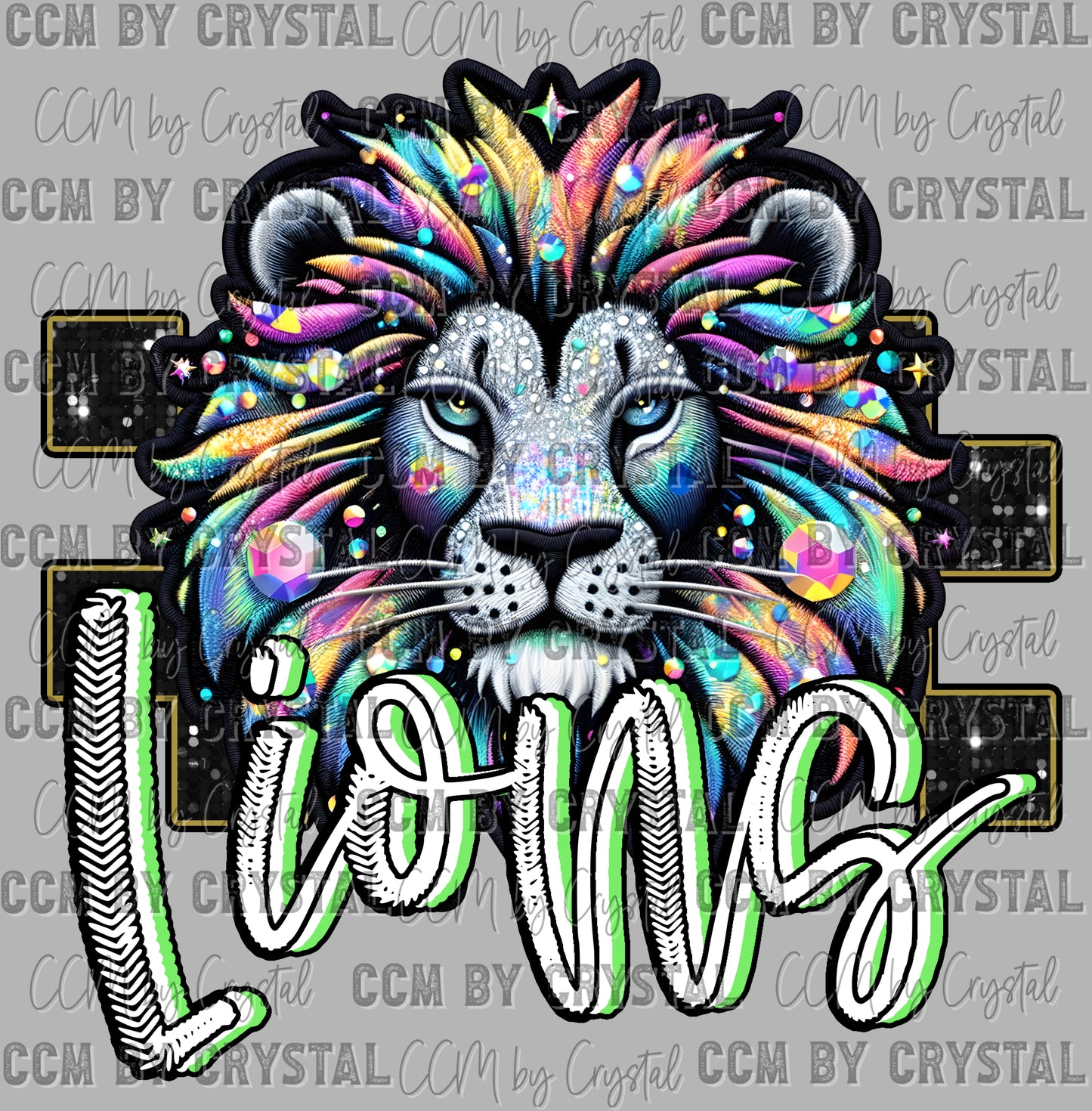 Lions Mascot Faux Rhinestone Effect Ready to Press Transfer DTF Transfer Sublimation Transfer