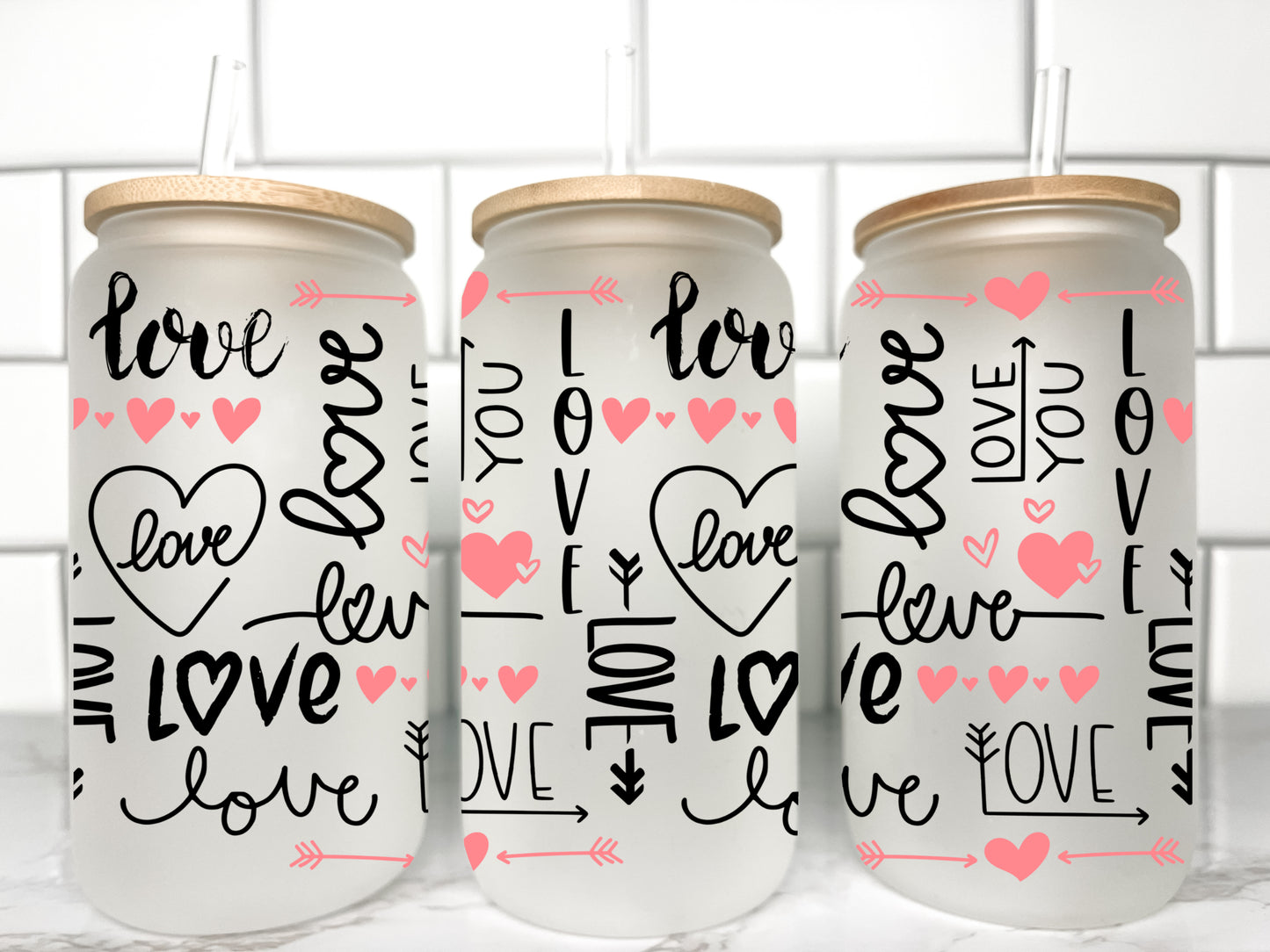 Love Valentines Day UV DTF Transfer 16oz Libby Glass Can Wrap Ready to Apply