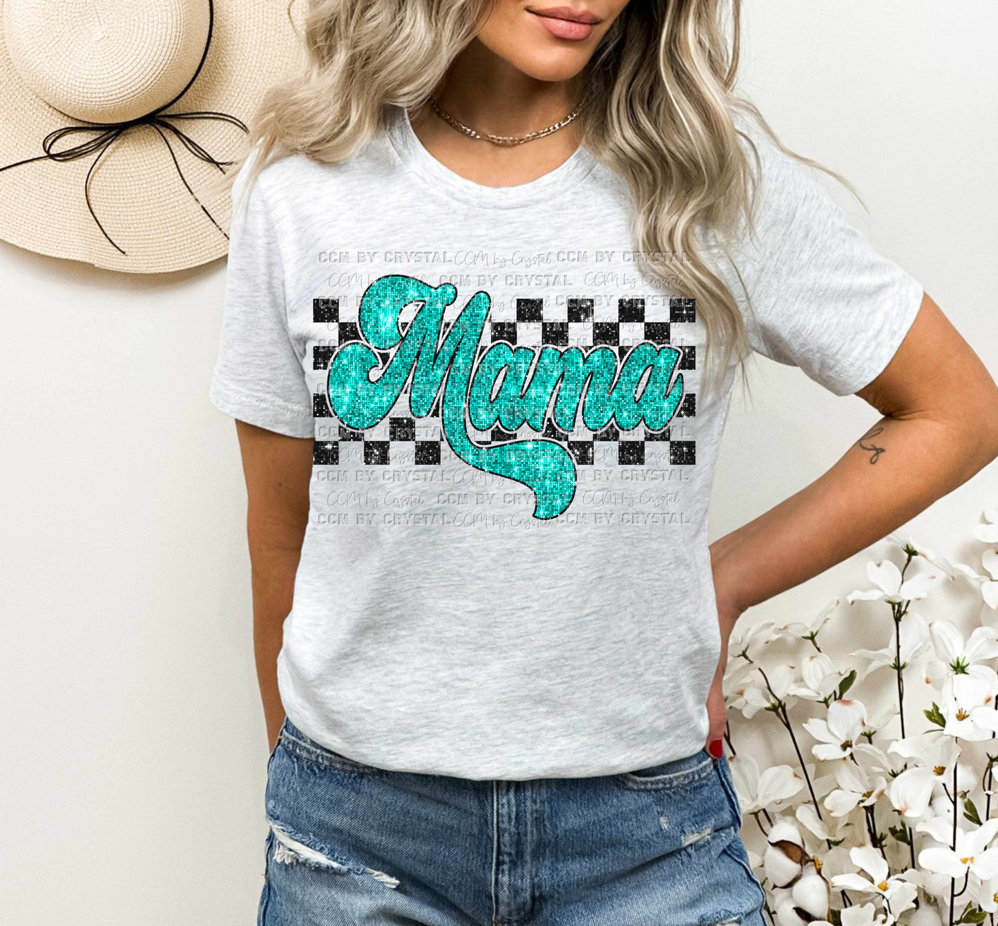 Mama Checkered Faux Glitter Ready to Press Transfer