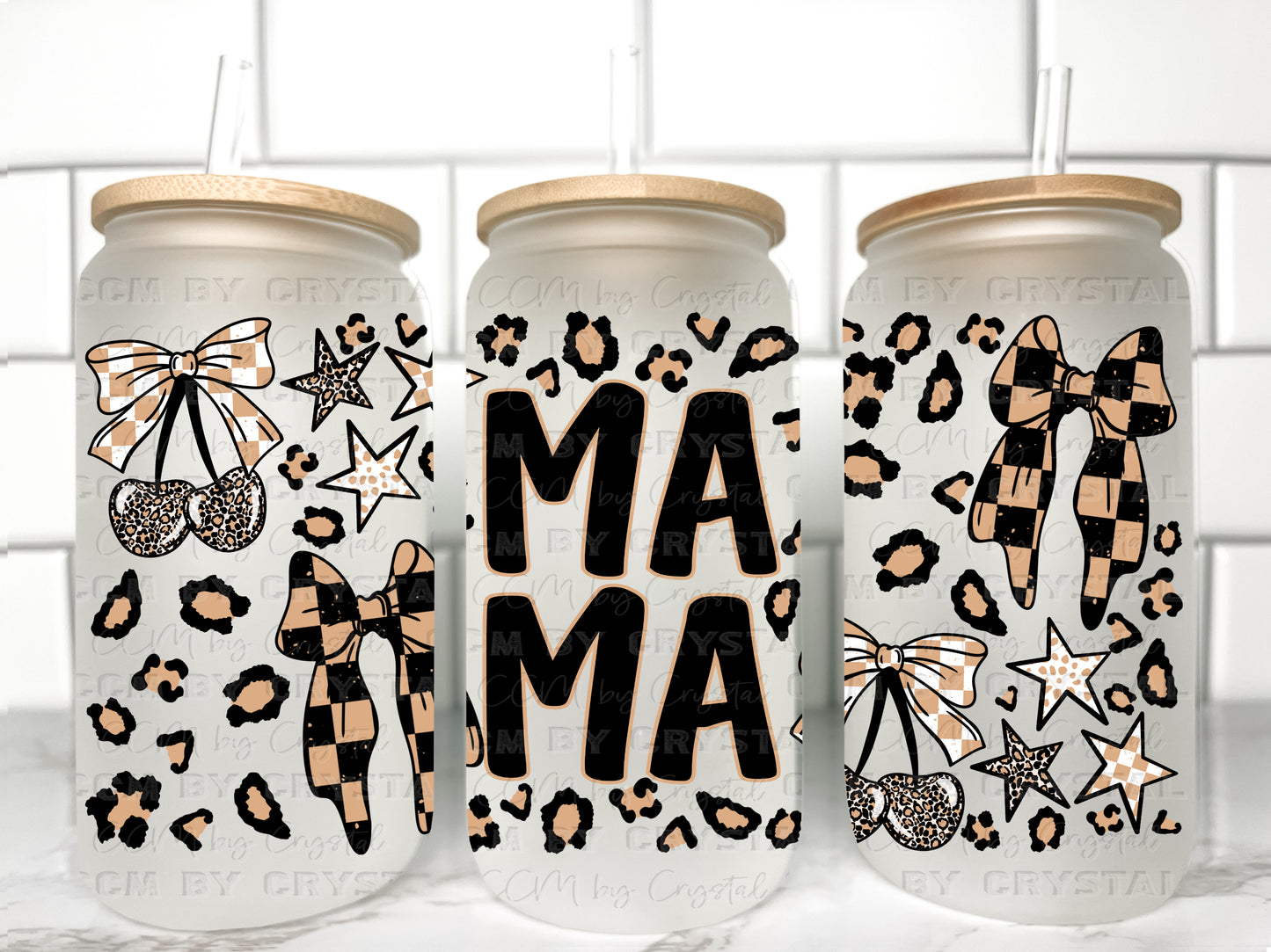 Mama Leopard Checkered Cherries UV Transfer 16oz Libby Glass Can Wrap Ready to Apply