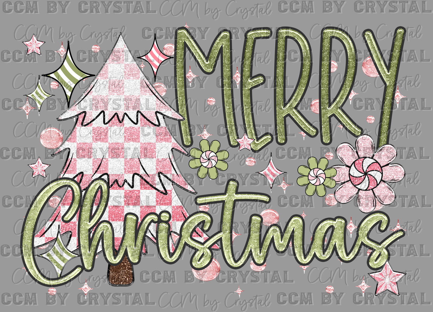 Merry Christmas Pink Green Faux Glitter Ready to Press Transfer DTF Transfer Sublimation Transfer