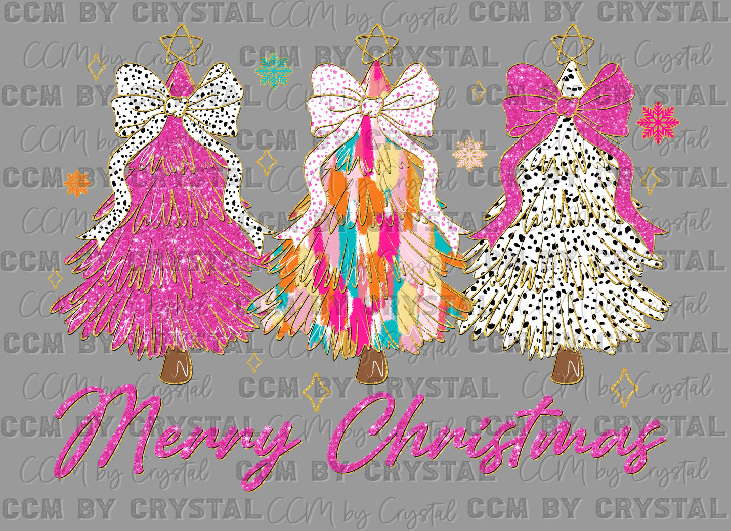 Merry Christmas Trees Pink Faux Glitter Ready to Press Transfer DTF Transfer Sublimation Transfer