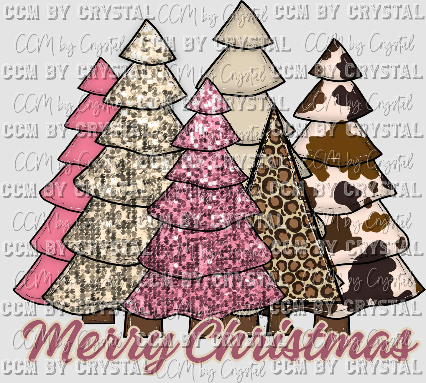Merry Christmas Trees Winter Faux Sequins Faux Embroidery Ready to Press Transfer
