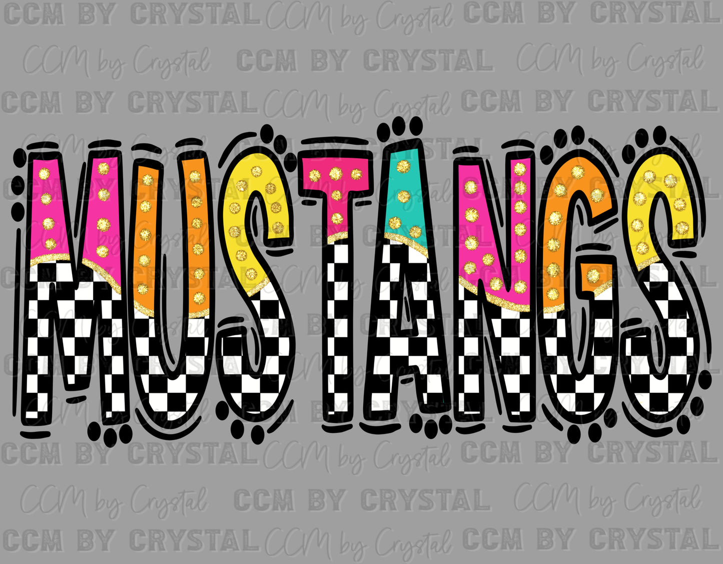 Mustangs Colorful Checkered Mascot Ready to Press Transfer DTF Transfer Sublimation Transfer