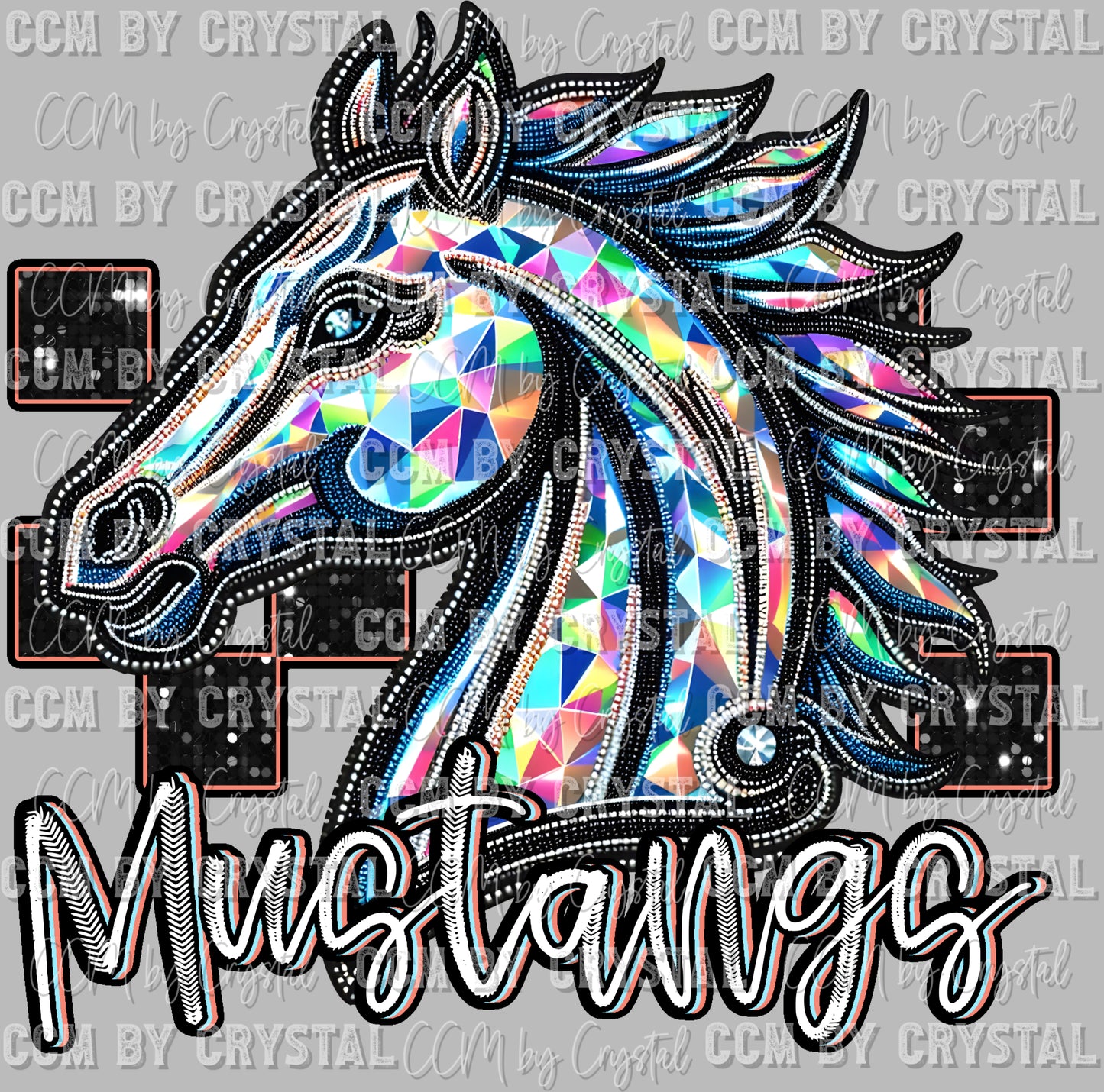 Mustangs Faux Rhinestones Effect Ready to Press Transfer DTF Transfer Sublimation Transfer