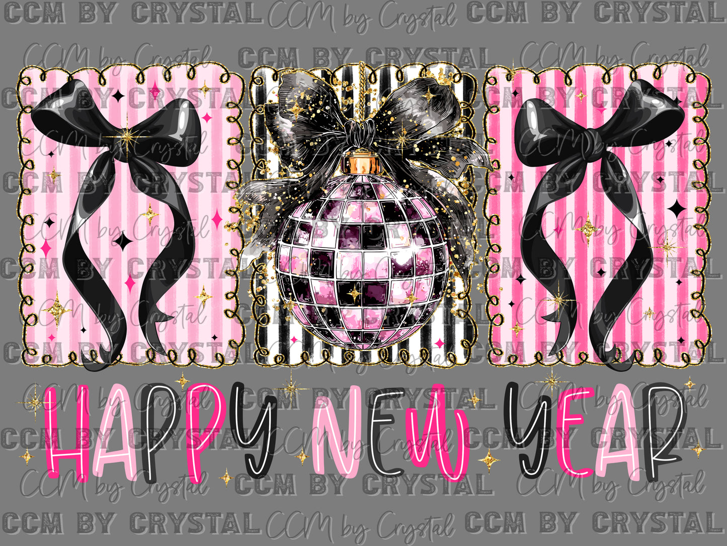 Happy New Year Pink Disco Ball Faux Glitter Ready to Press Transfer DTF Transfer Sublimation Transfer