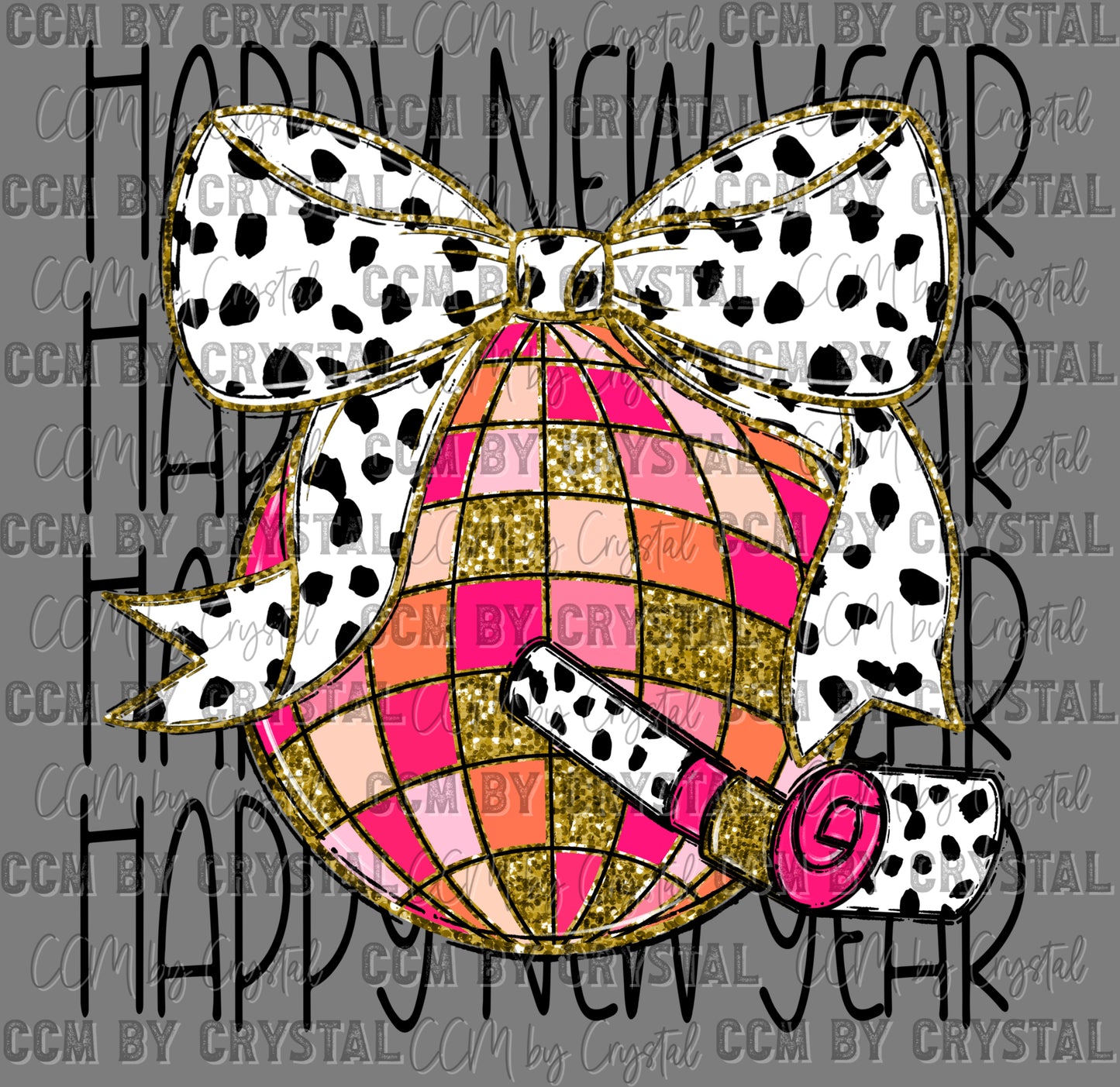 Happy New Year Disco Ball Dalmatian Faux Glitter Ready to Press Transfer DTF Transfer Sublimation Transfer