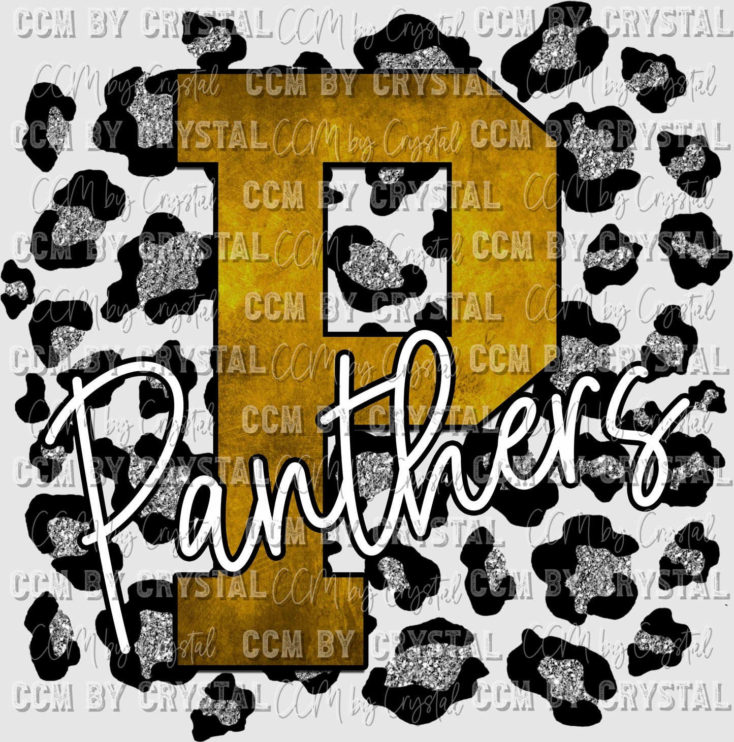 P with Panthers Yellow Gold With Silver Leopard background Mascot Ready to Press Transfer
