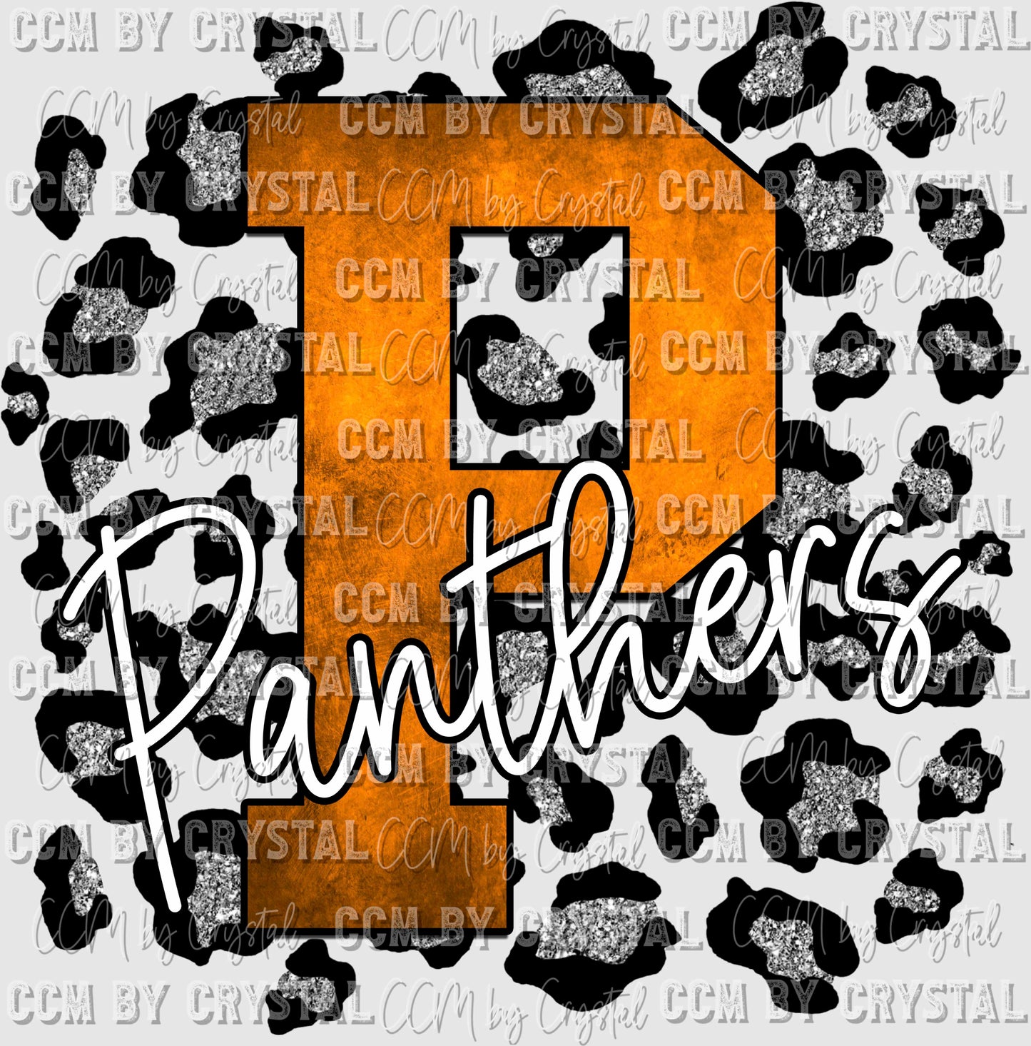 P Panthers Orange with Silver Glitter Leopard Background Mascot Ready to Press Transfer