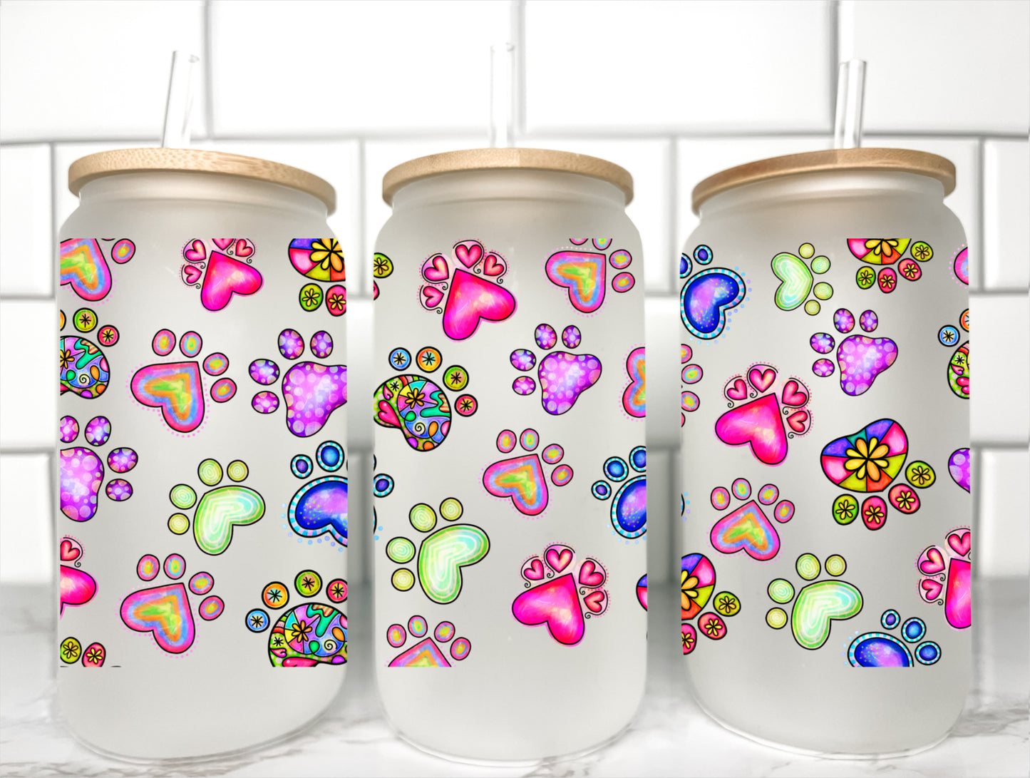 Colorful Paws UV Transfer 16oz Libby Glass Can Wrap Ready to Apply