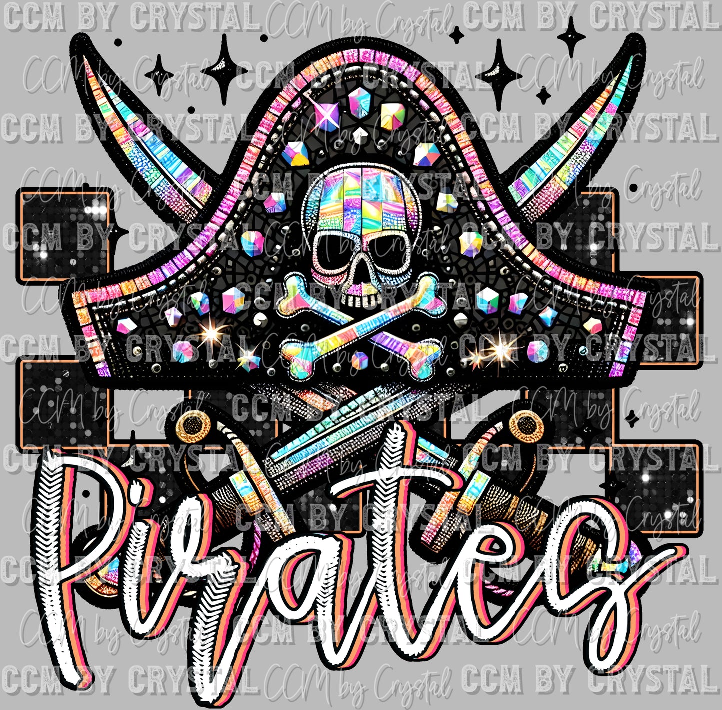 Pirates Mascot Faux Rhinestones Effect Ready to Press Transfer DTF Transfer Sublimation Transfer