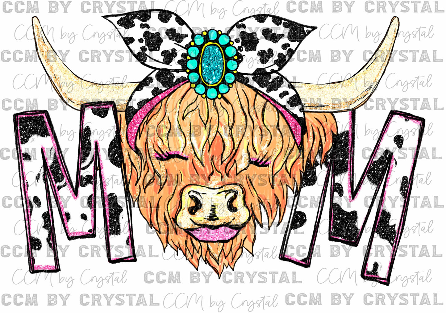 Mom Highland Cow Faux Glitter Ready to Press Transfer