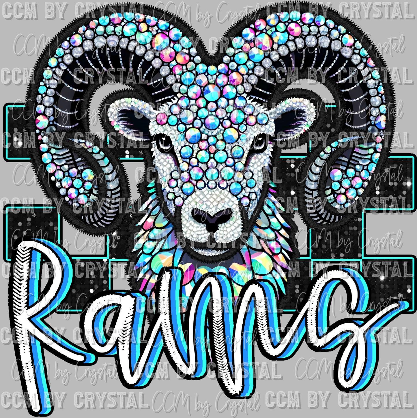 Rams Mascot Faux Rhinestone Effect Ready to Press Transfer DTF Transfer Sublimation Transfer