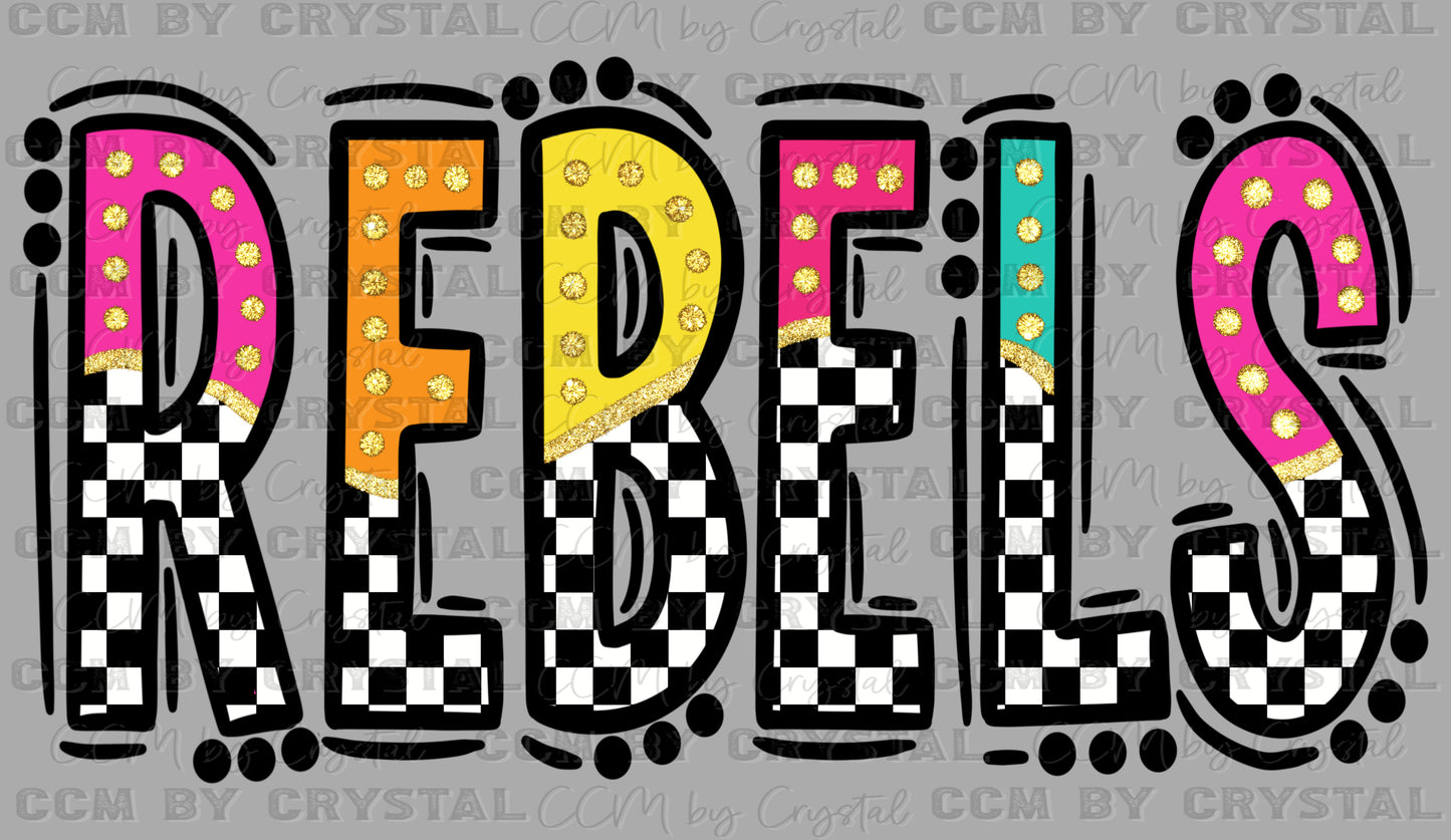 Colorful Checkered Rebels Mascot Ready to Press Transfer DTF Transfer Sublimation Transfer