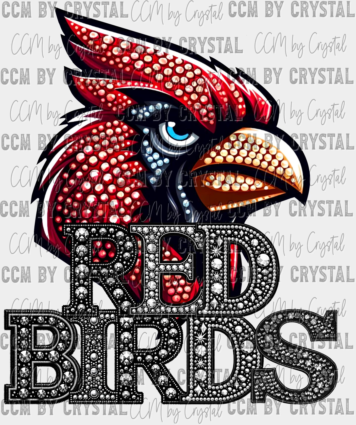 Red Birds Mascot Faux Rhinestone Effect Ready to Press Transfer DTF Transfer Sublimation Transfer