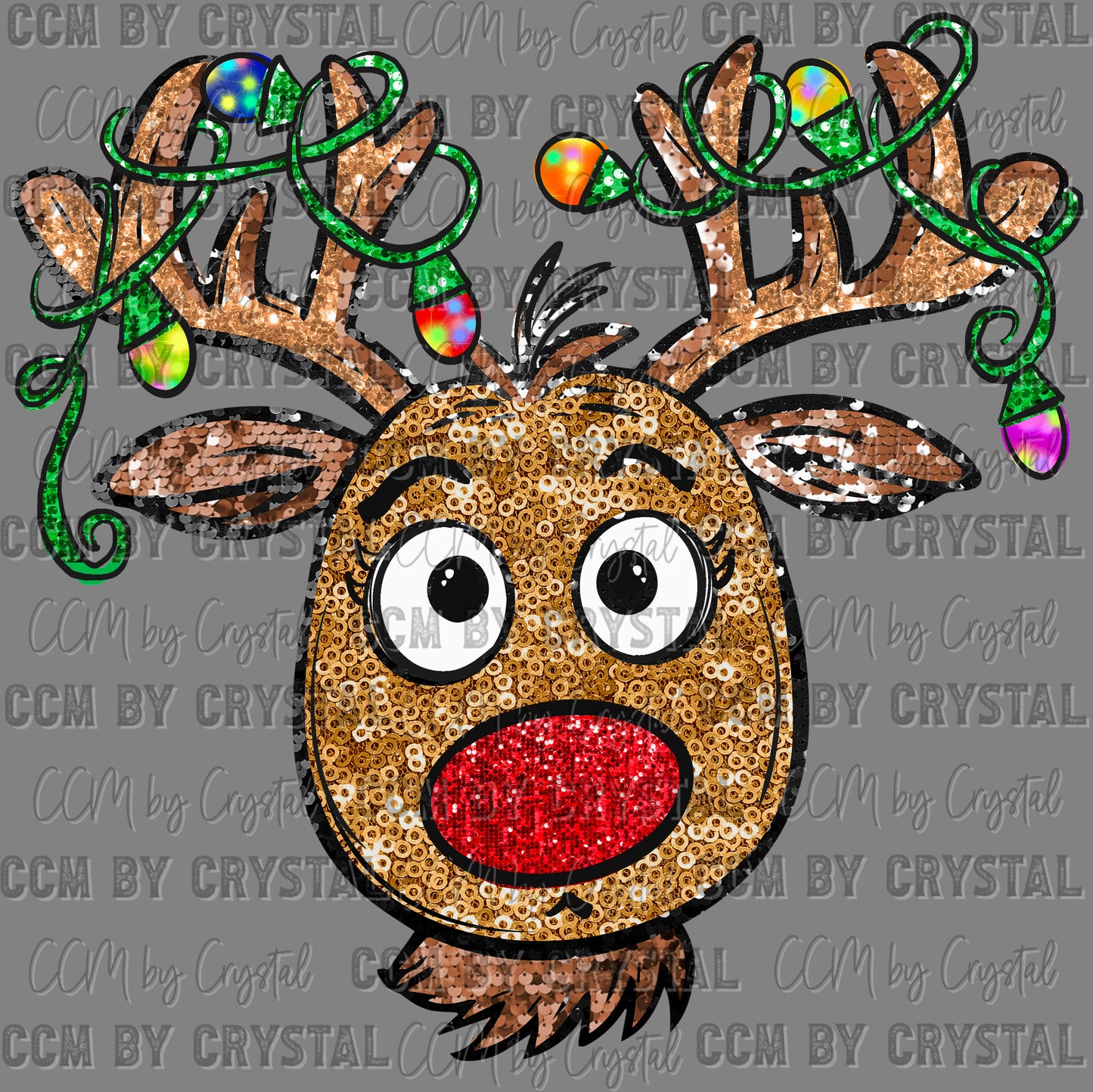 Christmas Reindeer with Tangled Lights Faux Sequins Ready to Press Transfer DTF Transfer Sublimation Transfer