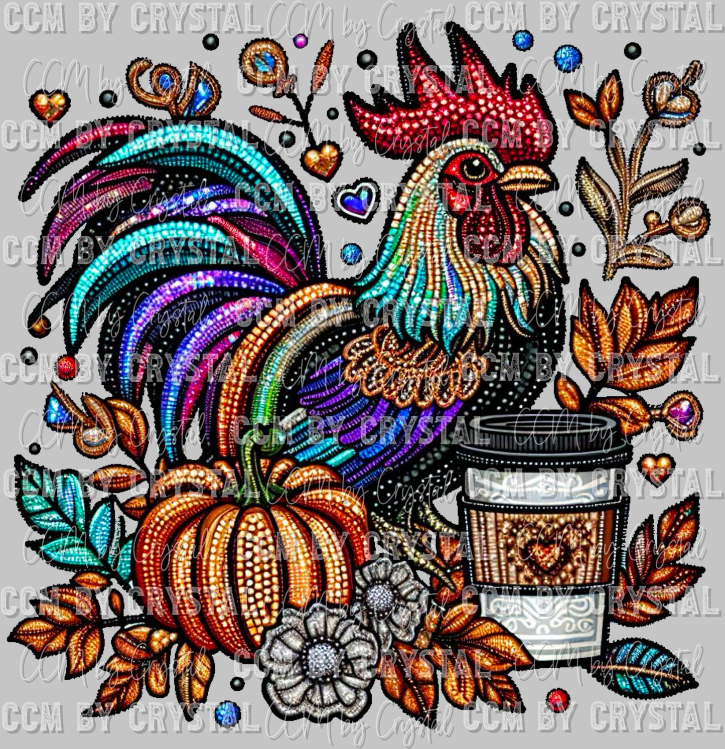 Fall Rooster Faux Rhinestone Effect Ready to Press Transfer