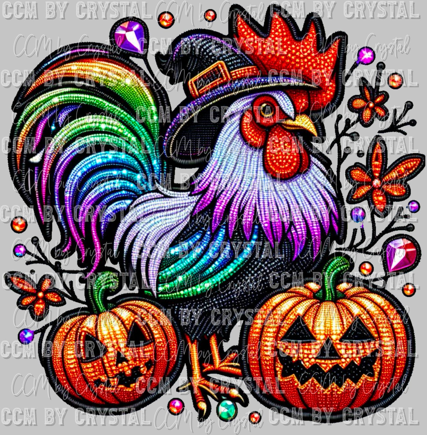 Halloween Rooster Faux Rhinestone Faux Embroidery Effect Ready to Press Transfer