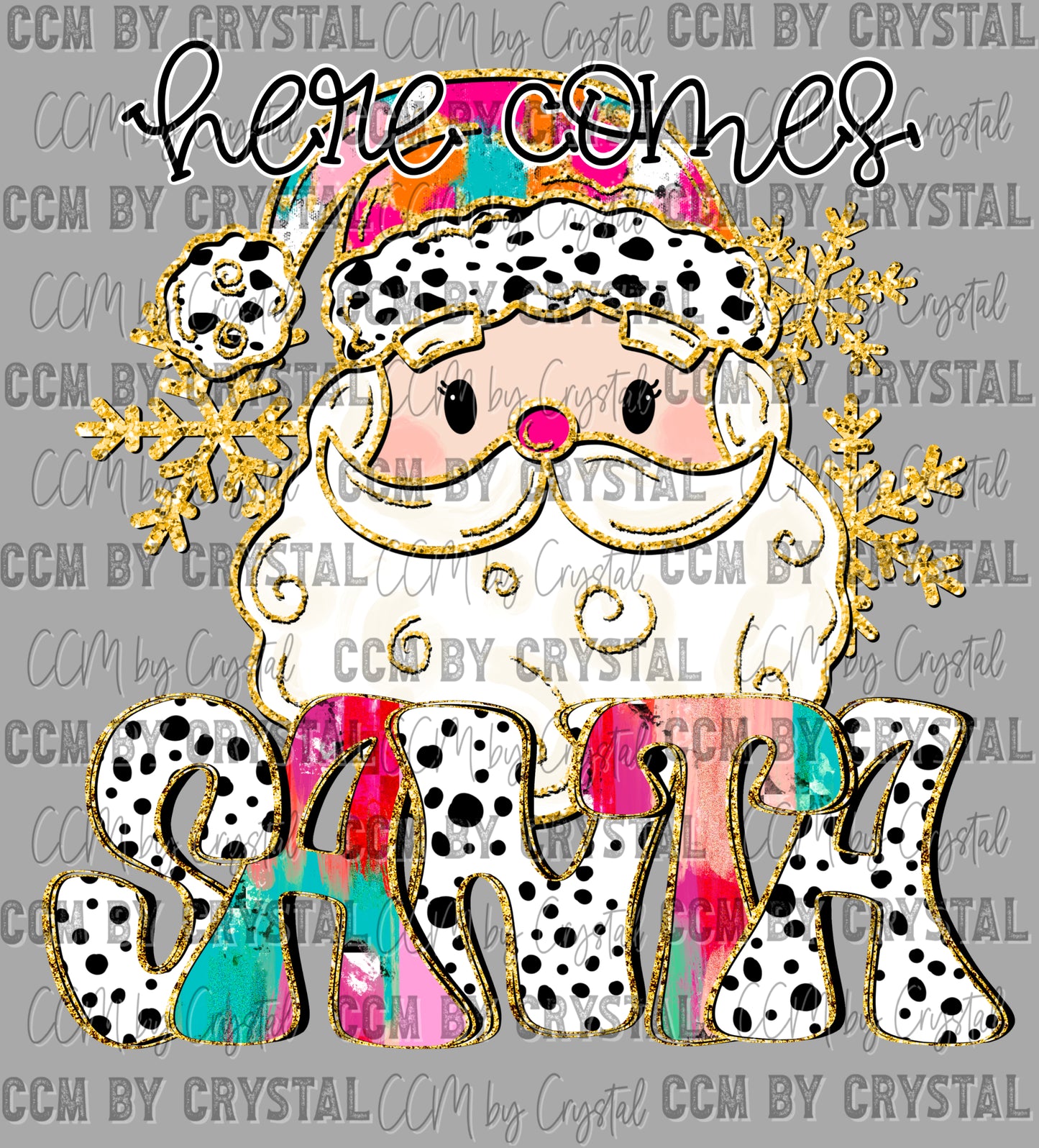 Christmas Dark Santa Here Comes Santa Faux Glitter Ready to Press Transfer DTF Transfer Sublimation Transfer