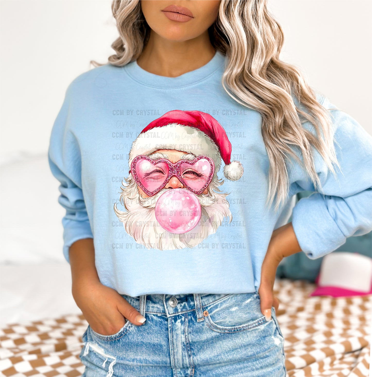 Christmas Bubblegum Santa Faux Glitter Gilden Sweatshirt
