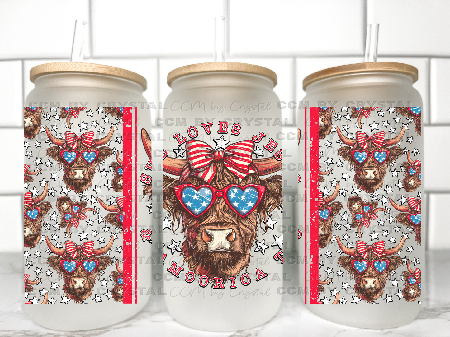 She Loves Jesus and America Too Highland Cow USA UV Transfer 16oz Libby Glass Can Wrap Ready to Apply
