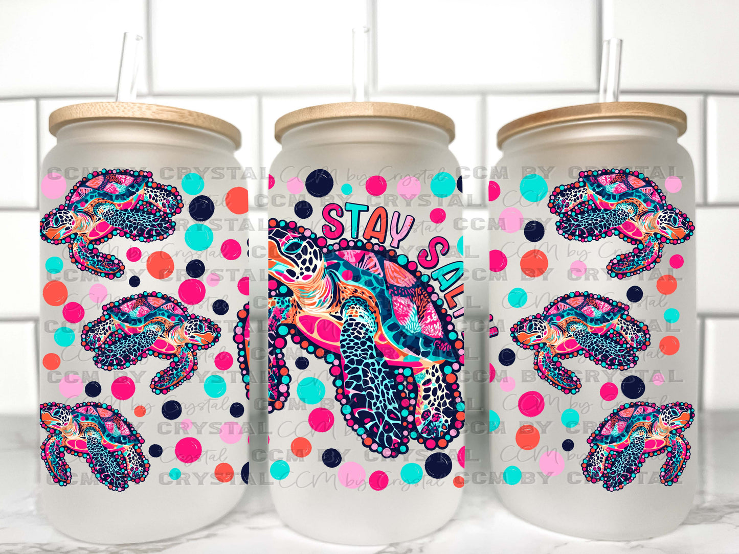 Stay Salty Sea Turtles Summer UV Transfer 16oz Libby Glass Can Wrap Ready to Apply
