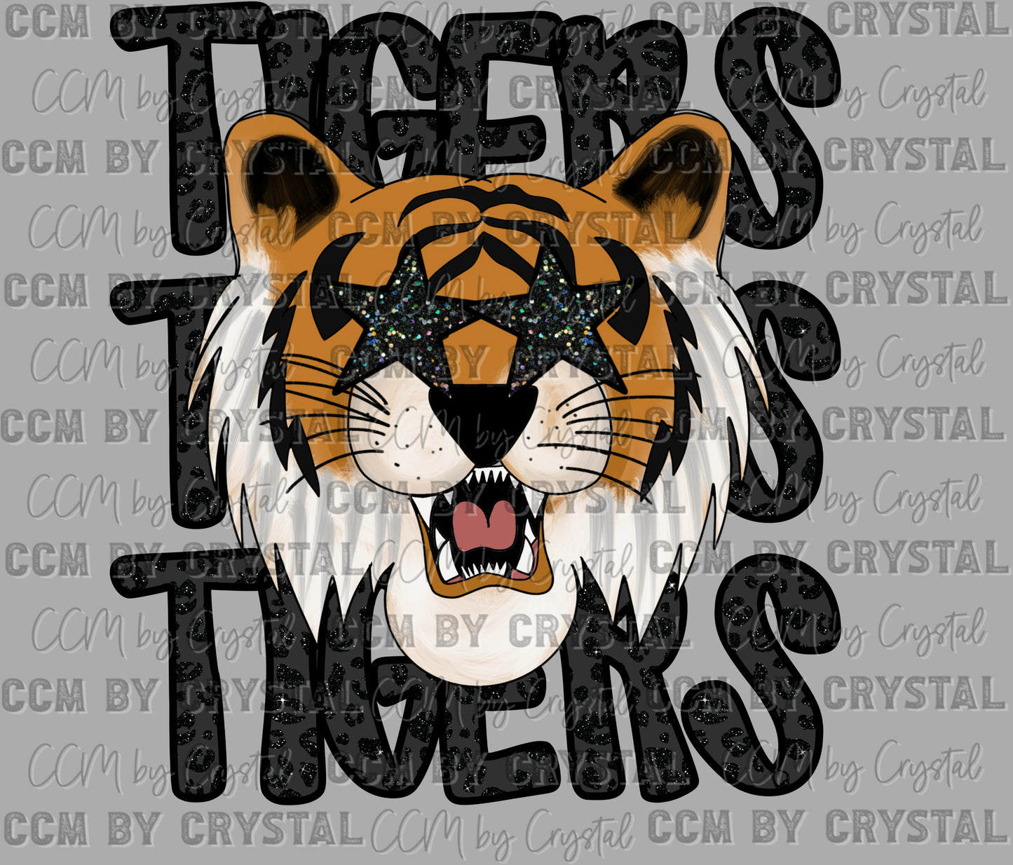 Tiger Black Mascot Faux Glitter Ready to Press Transfer DTF Transfer Sublimation Transfer