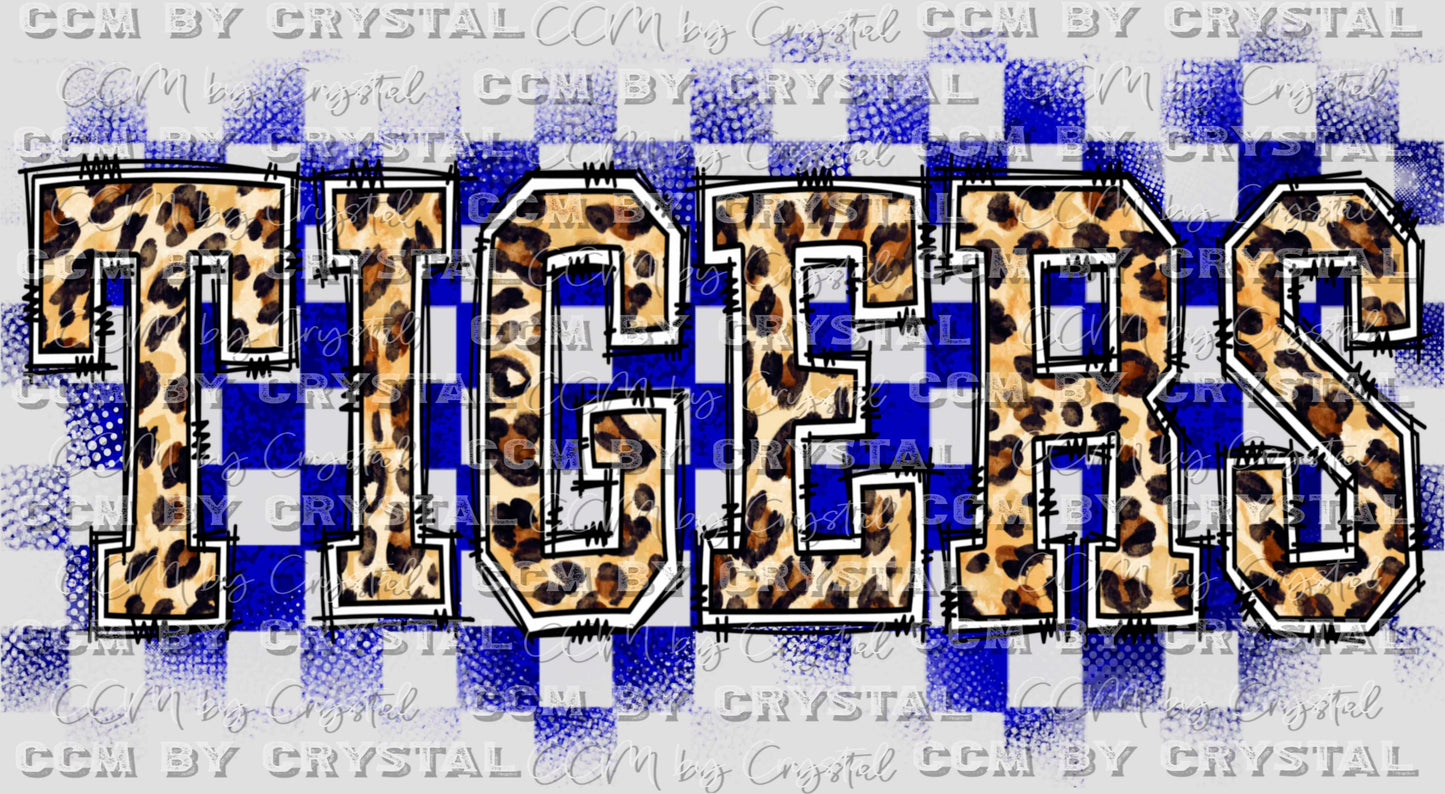 Tigers Leopard Doodle Letters Checkered Blue Background Mascot PNG Digital File ONLY