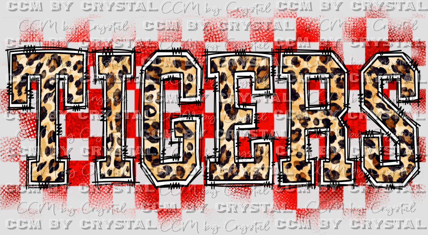 Tigers Leopard Doodle Letters Checkered Red Background Mascot PNG Digital File ONLY