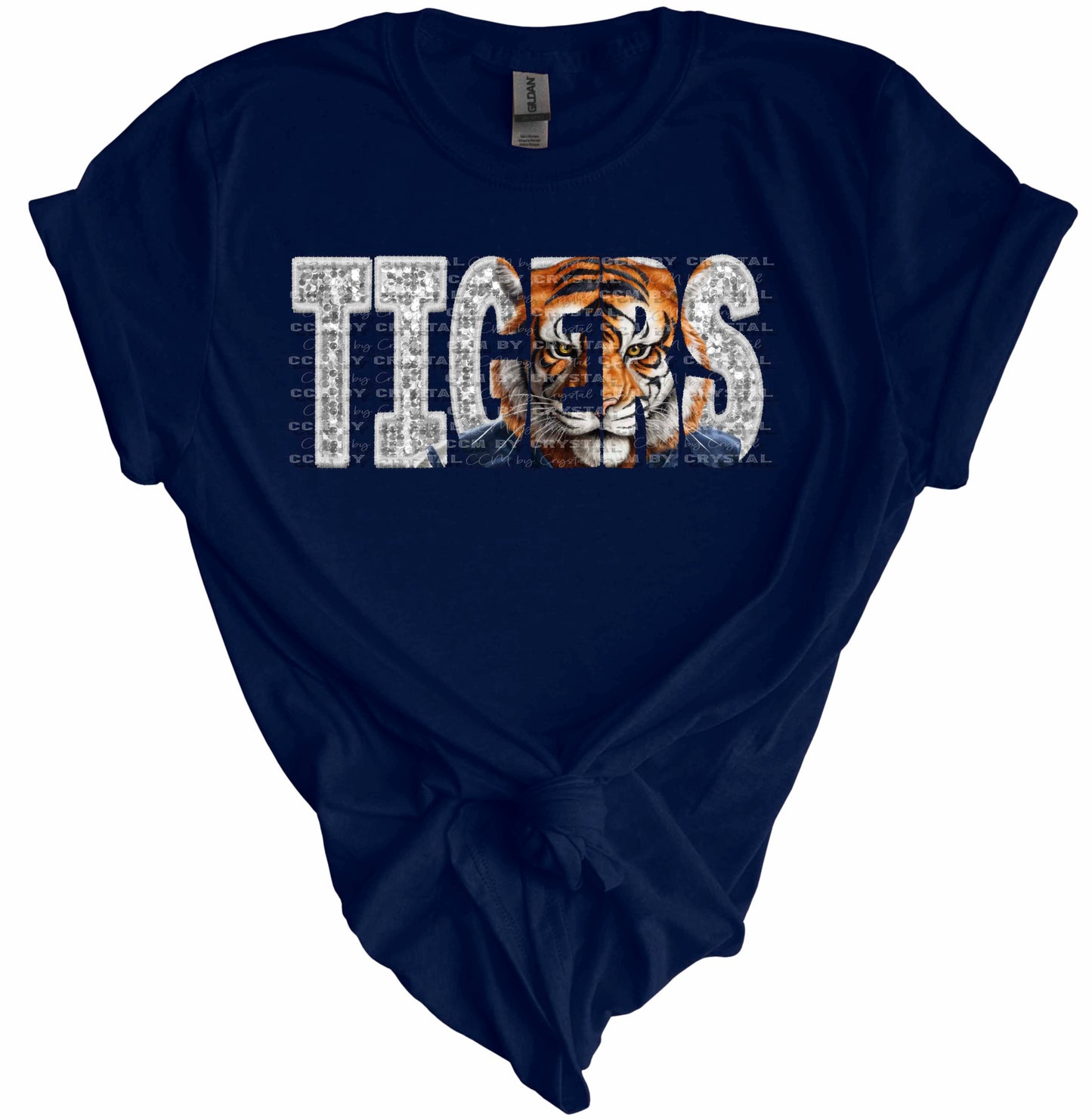 Tigers White Faux Embroidery Faux Sequins Gildan Softstyle T-Shirt