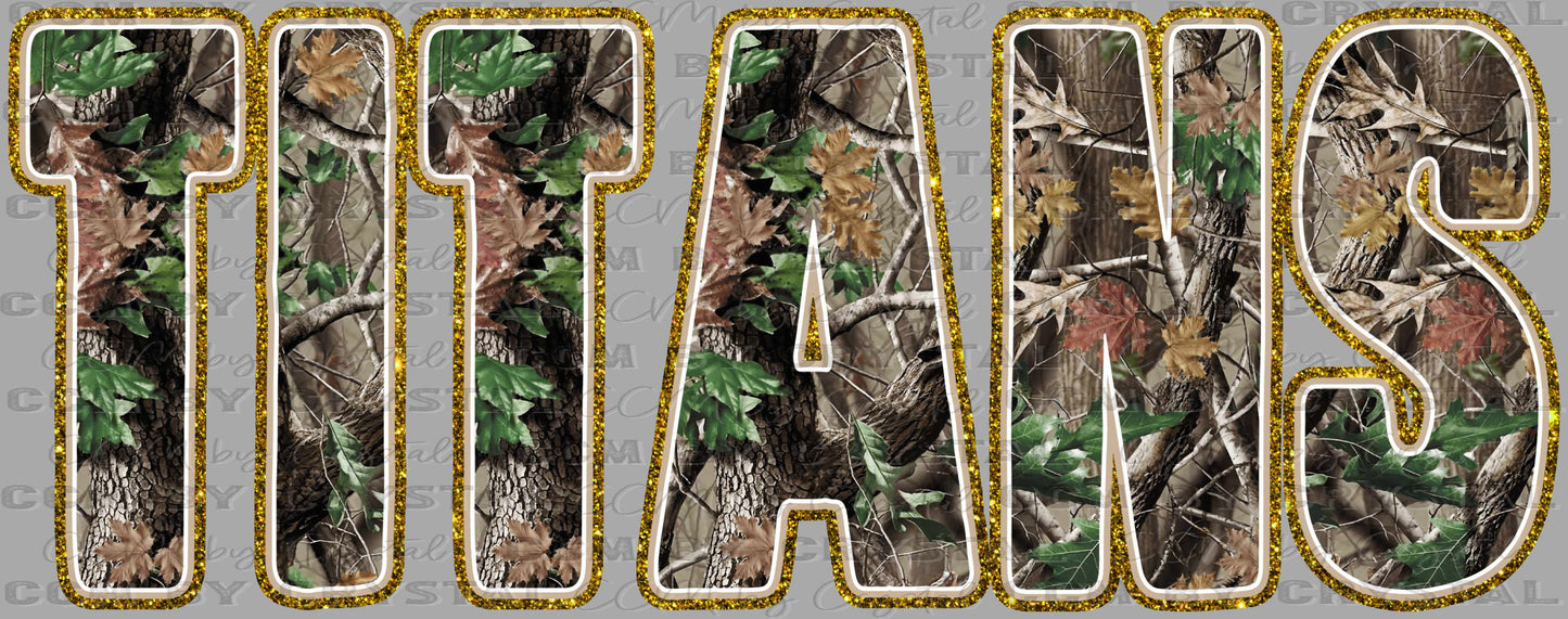 Titans Camo Gold Glitter Effect Outline Mascot Ready to Press Instant Peel DTF Transfers Sublimation Transfers