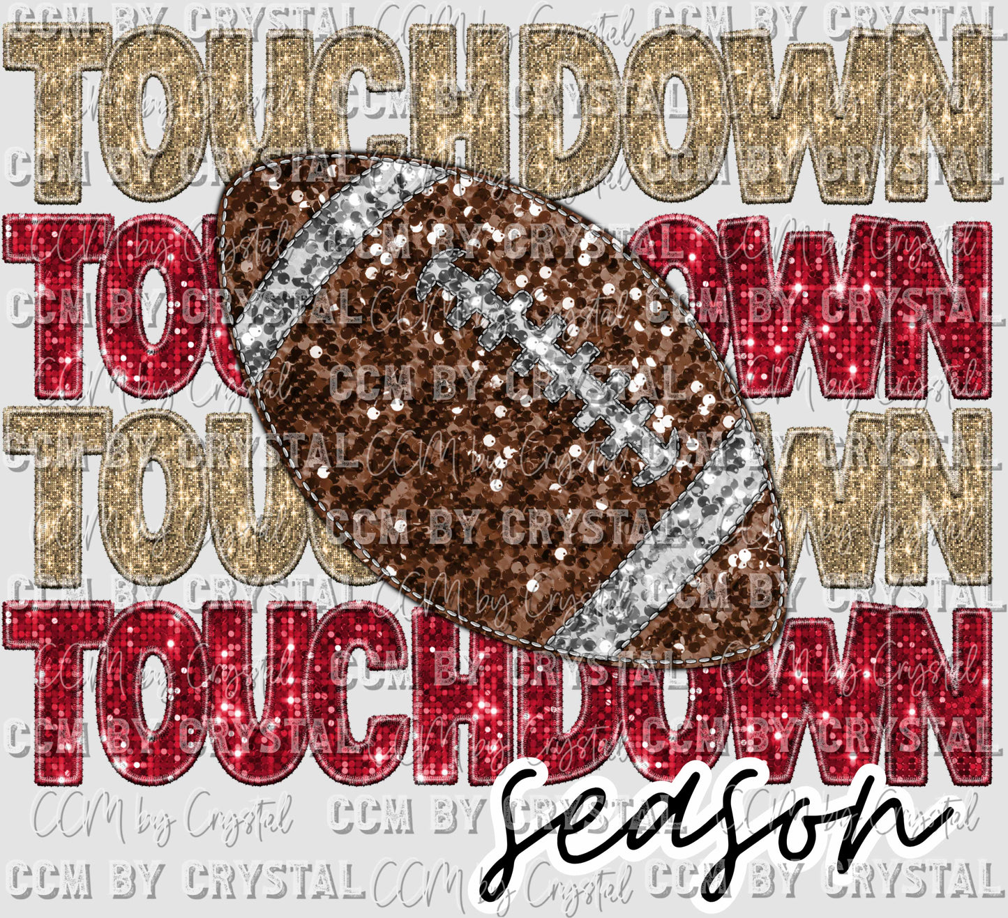 Touchdown Season Red and Gold Football Faux Sequins Faux Embroidery Ready to Press Transfer