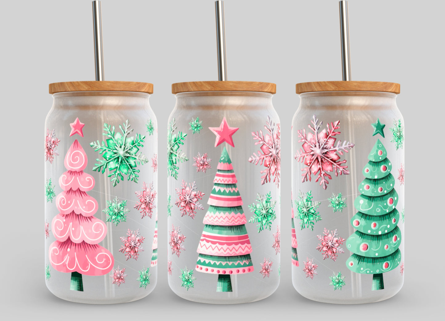 Colorful Christmas Trees UV Transfer 16oz Libby Glass Can Wrap Ready to Apply