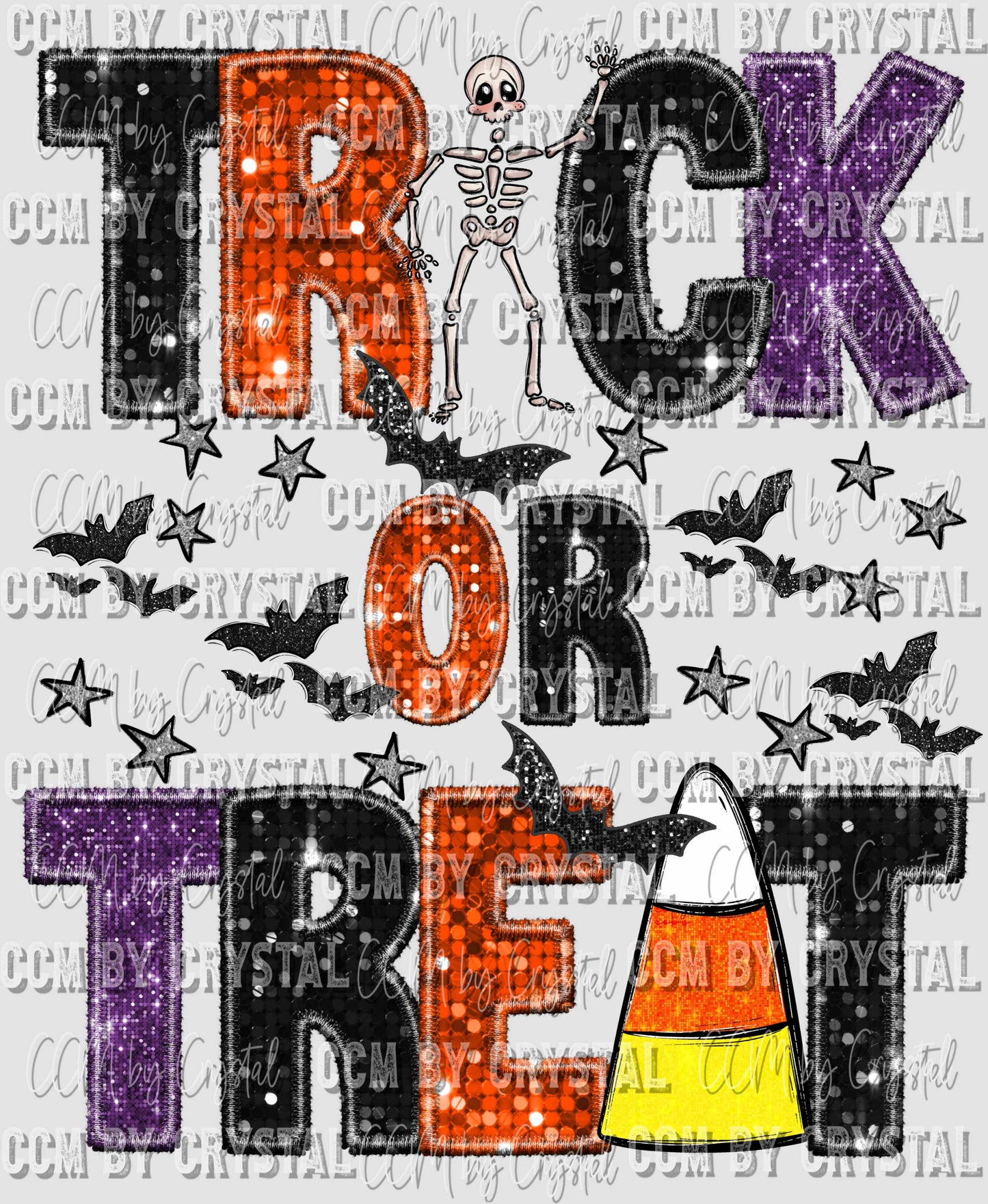 Trick or Treat Faux Sequins Faux Embroidery Halloween Ready to Press Transfer