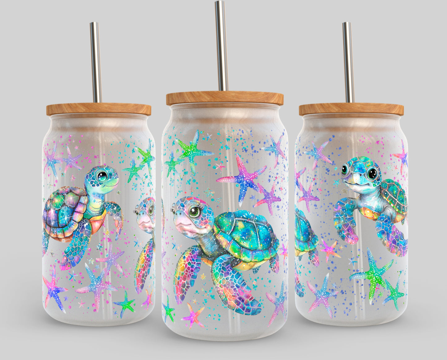 Colorful Turtles UV Transfer 16oz Libby Glass Can Wrap Ready to Apply