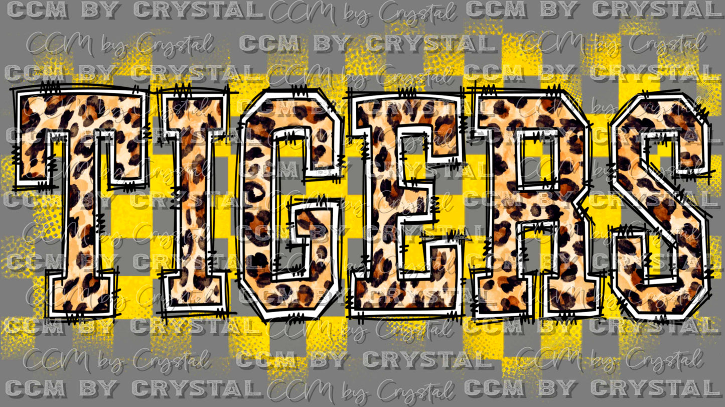 Tigers Leopard Doodle Letters Checkered Yellow Background Mascot PNG Digital File ONLY