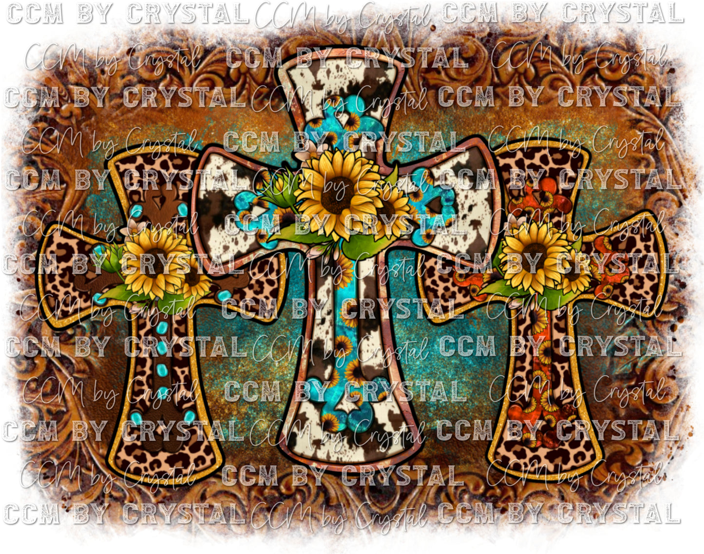 Three Crosses with Tooled Leather Background Ready to Press Transfer