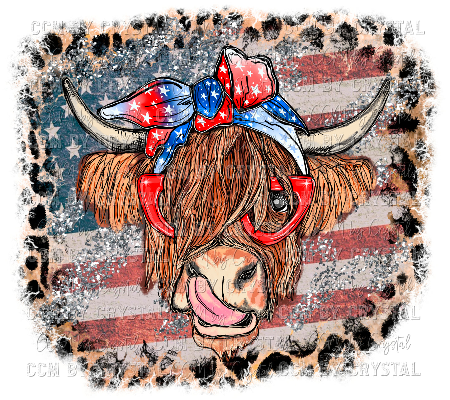 Highland Cow with Glasses US Flag and Leopard Background Ready to Press Transfer