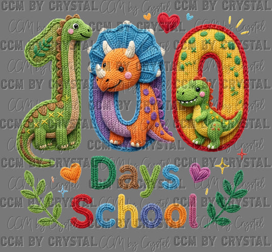 100 days of School Dino Faux Yarn Ready to Press Instant Peel DTF Transfers Sublimation Transfers