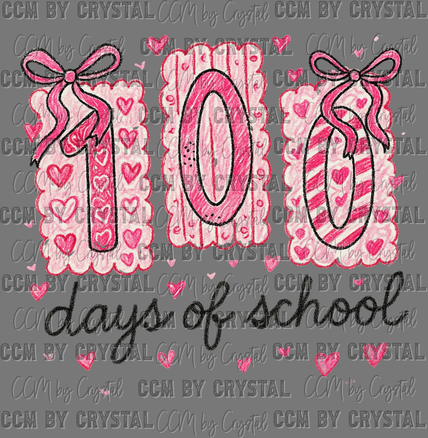 100 Days of School Pink Hearts Faux Crayon Ready to Press Instant Peel DTF Transfers Sublimation Transfers