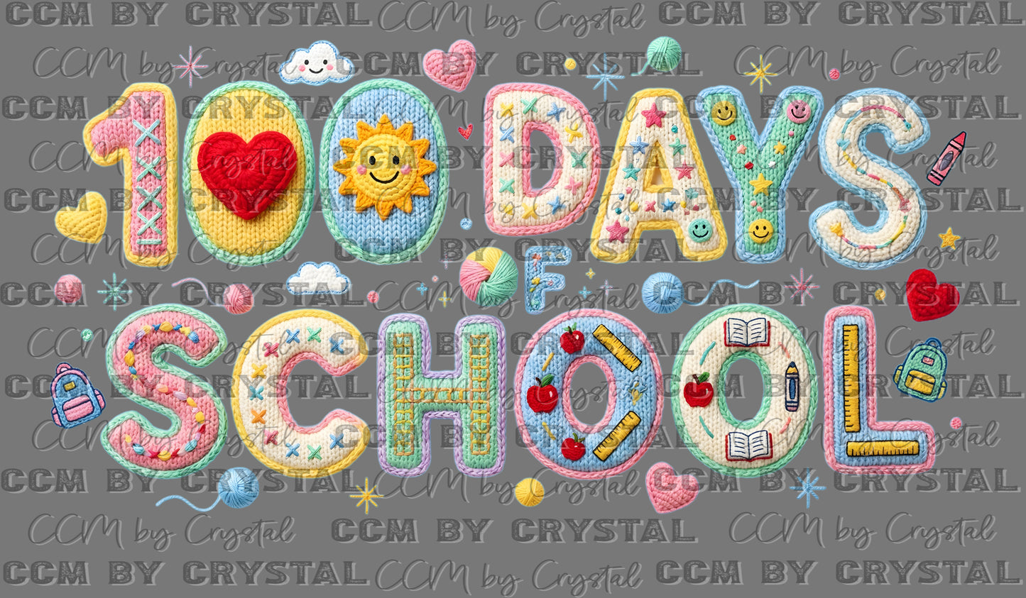 100 days of School Faux Yarn Ready to Press Instant Peel DTF Transfers Sublimation Transfers